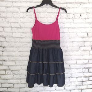 Aviva Premium Dress Womens Medium Pink Chambray Smocked Ruffle Tiered